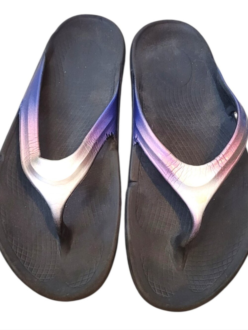 Oofos Women's Black Flip Flops with Purple Ombre Straps Size W8